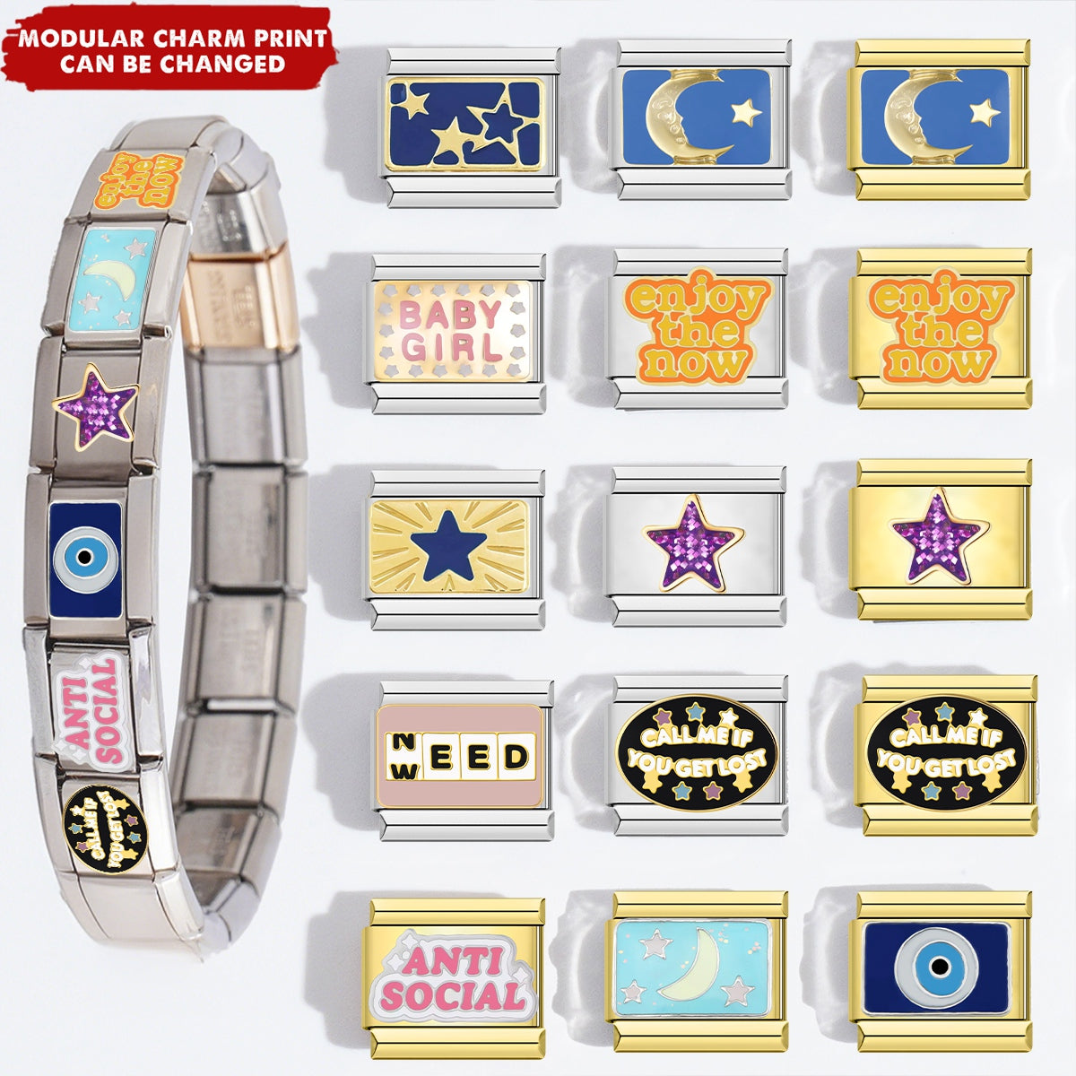 Custom Elastic Interlocking Stainless Steel Italian Modular Charm Link Bracelet