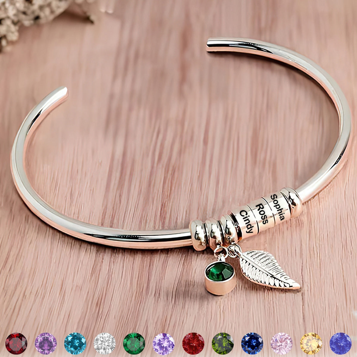 Custom Bead Name With Birthstone Leaf Charm Personalized Open Bangle Bracelet