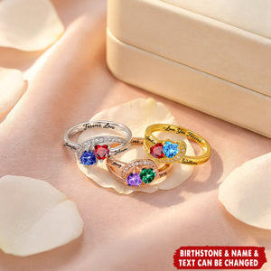 Personalized Engraved Heart Birthstone Ring - Promise Wedding Anniversary Gift for Couple