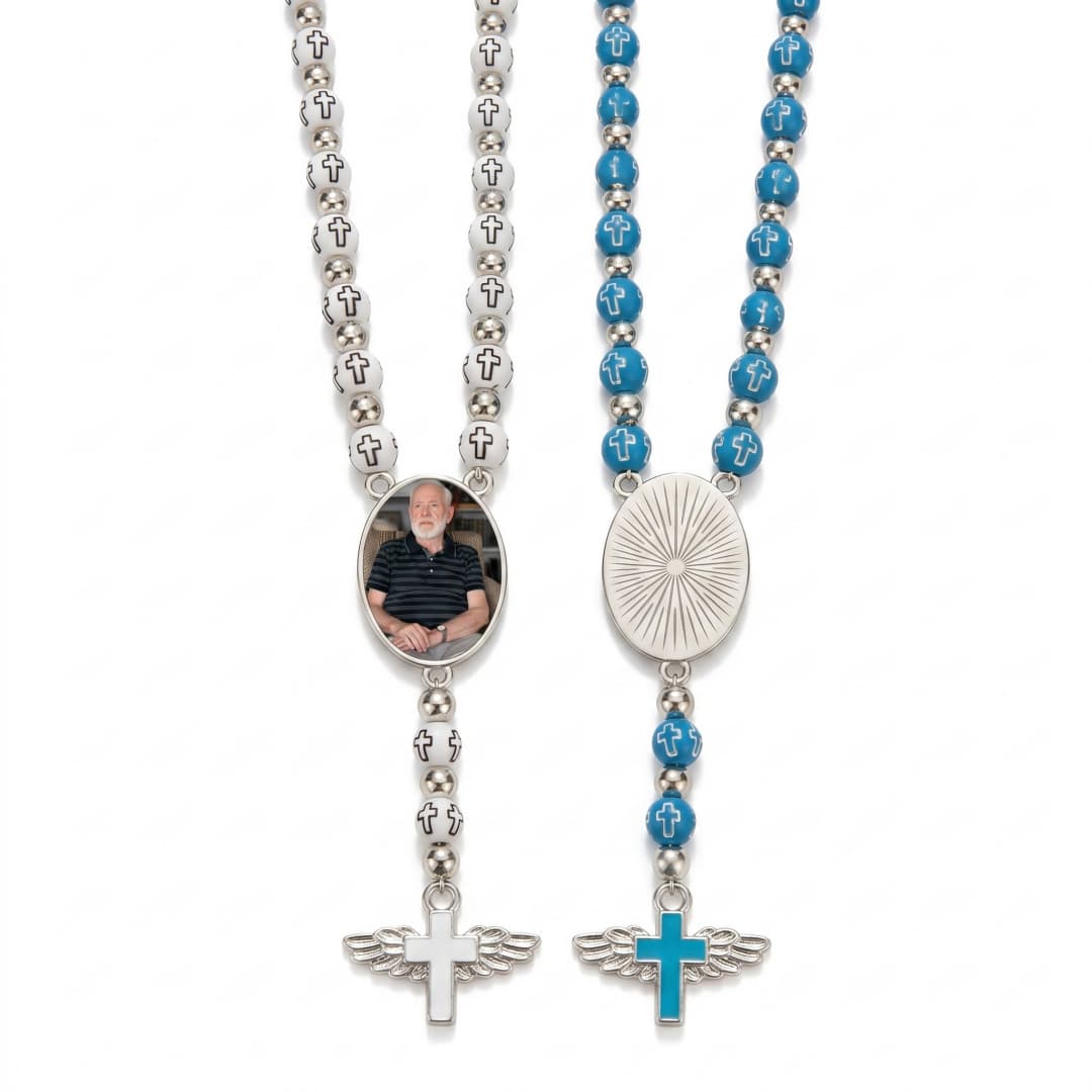 Angel Wings Cross Pendant Personalized Photo Beaded Necklace - Memorial Prayer Religious Gift for Family Christian