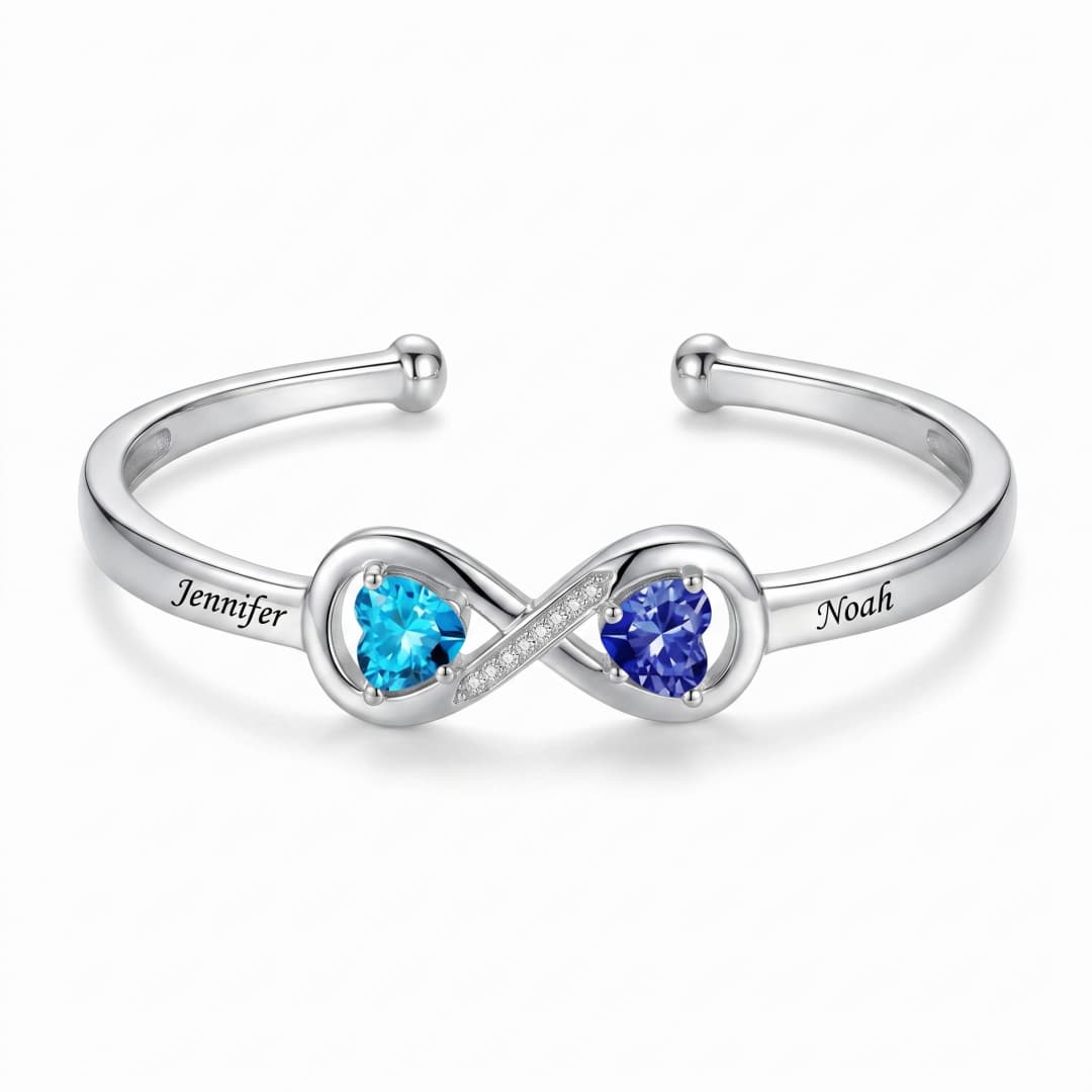 Personalized Infinity Double Heart Birthstones Engraved Cuff Bracelet