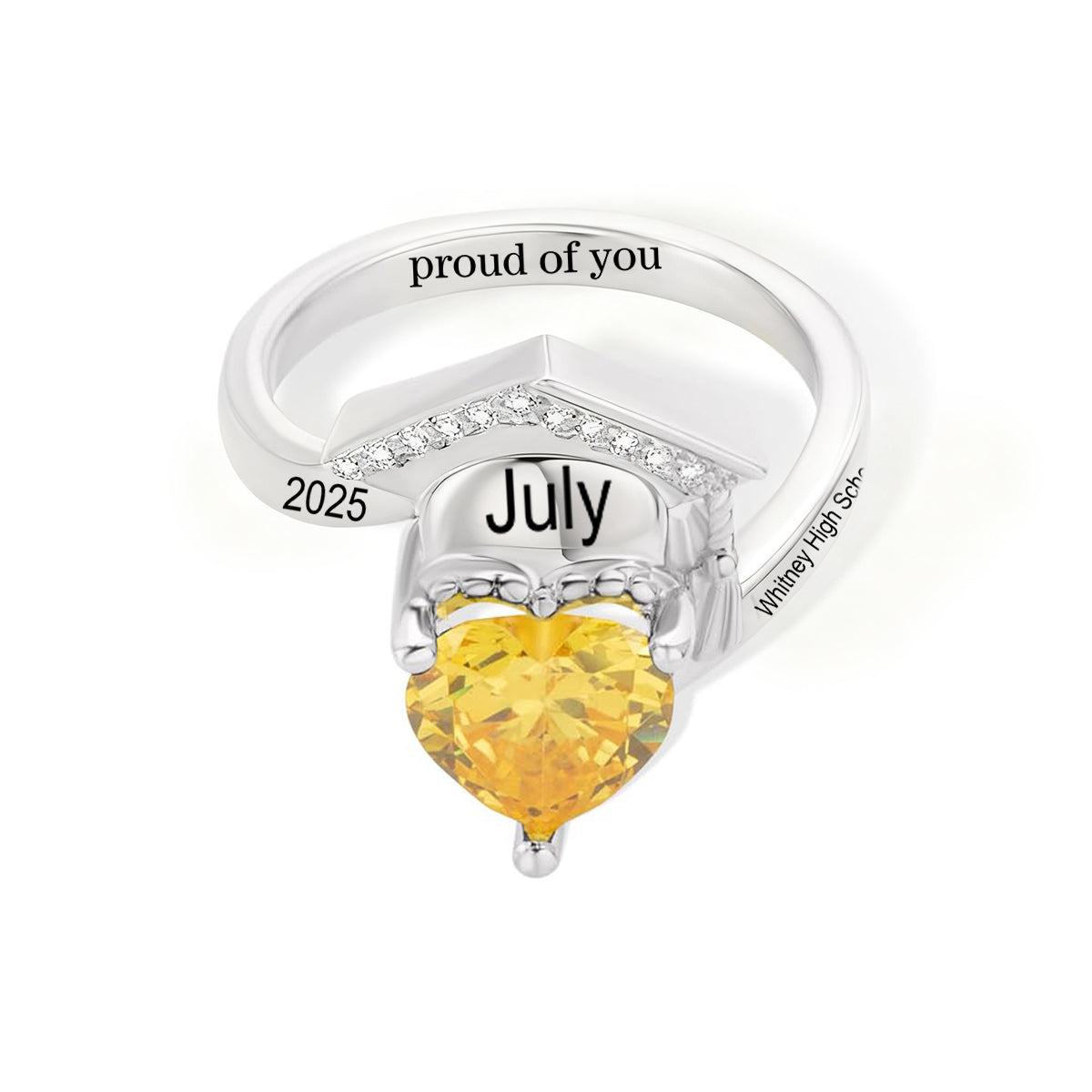 Graduation Cap Heart Birthstone Engraved Name Text Personalized Ring, Gift for Women Graduates