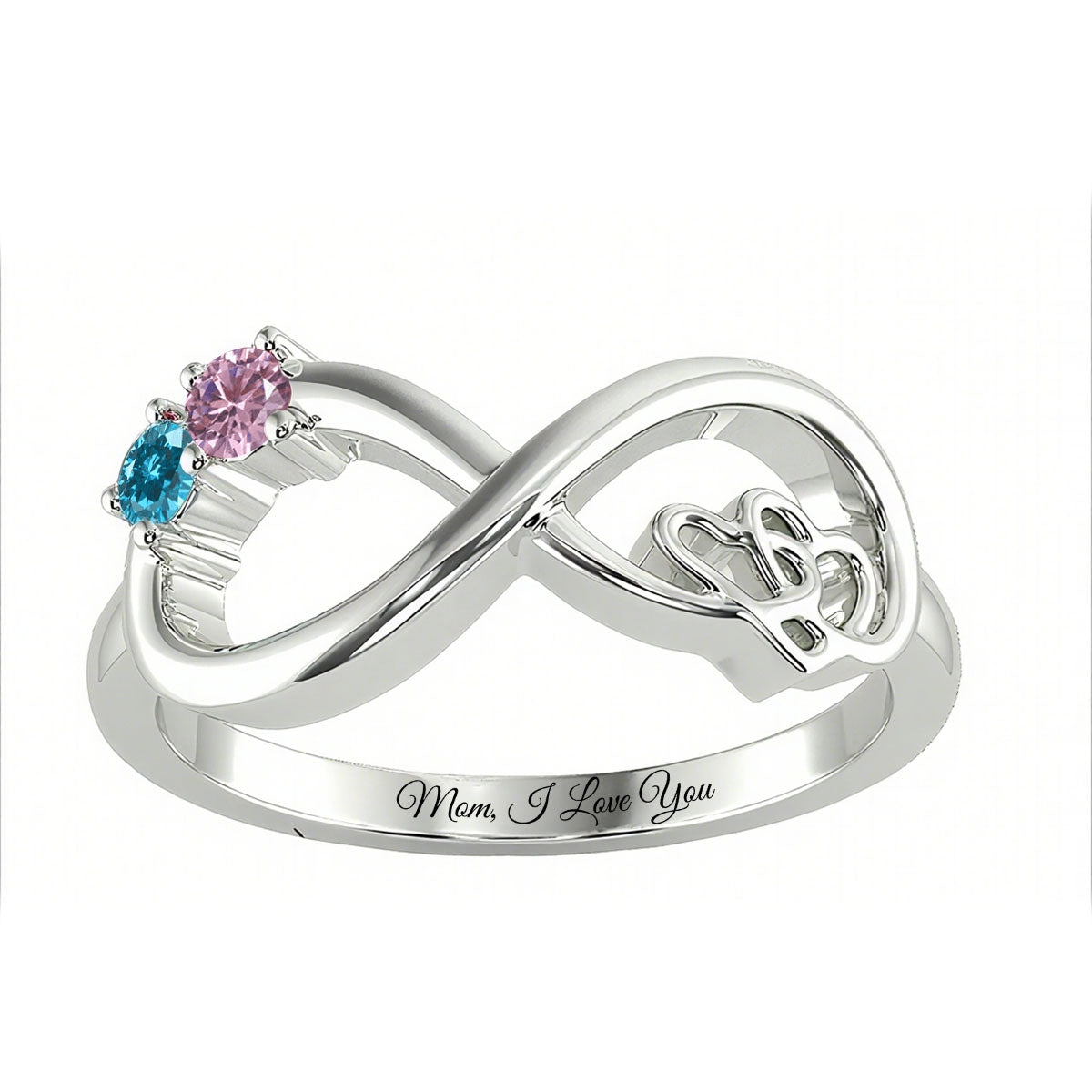 Infinity Double Heart Custom Birthstones Engraved Text Personalized Ring, Gift For Mom Grandma Couple