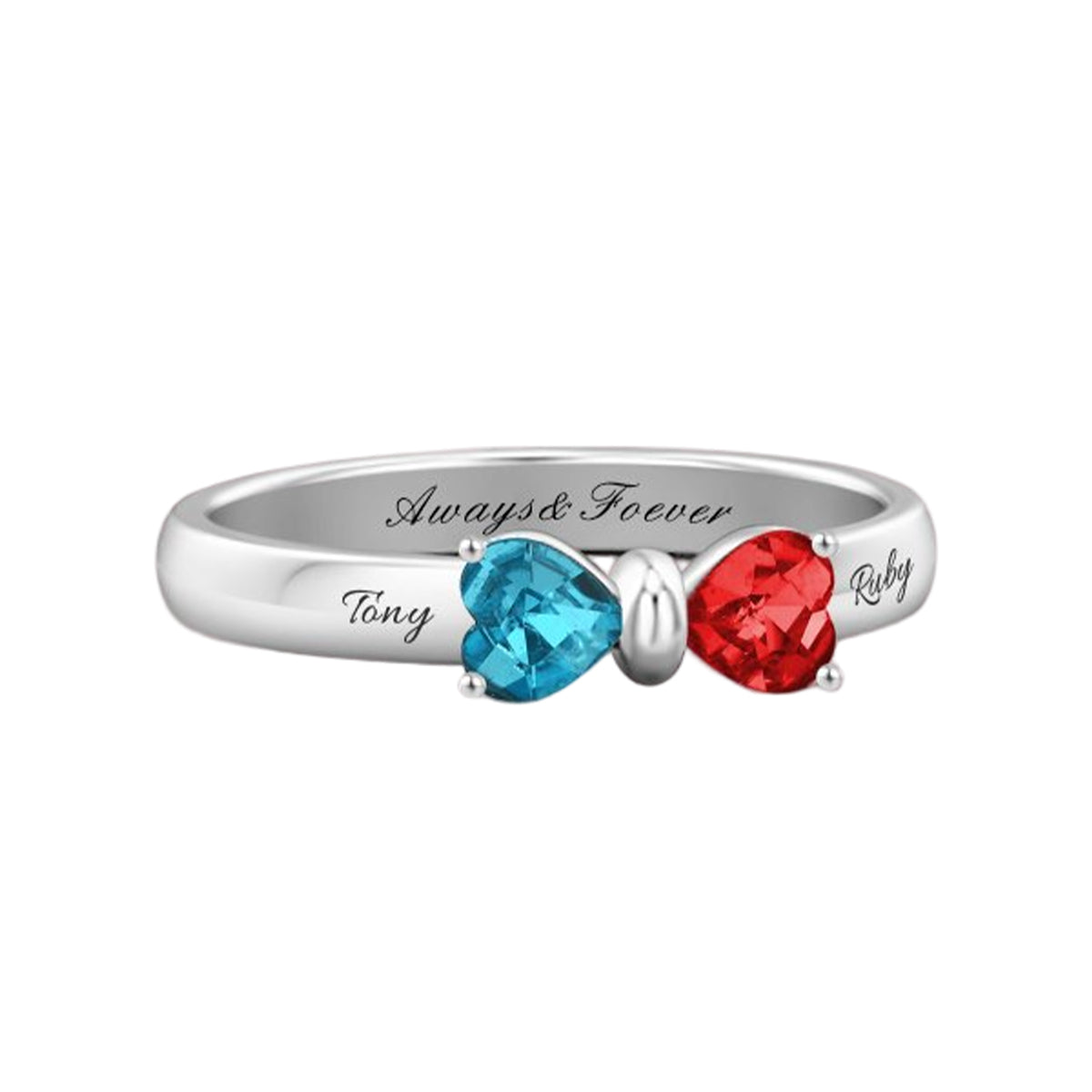 Adorable Bow Custom Heart Birthstone Personalized Ring, Gift For Couple