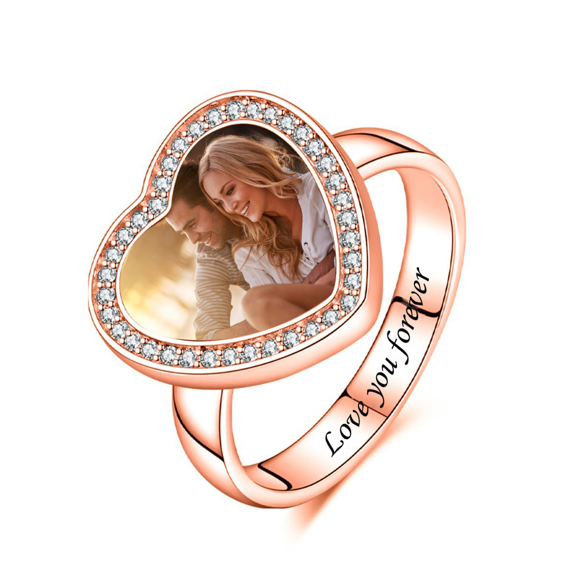 Heart Shaped Custom Photo Engraved Text Personalized Ring, Gift For Family