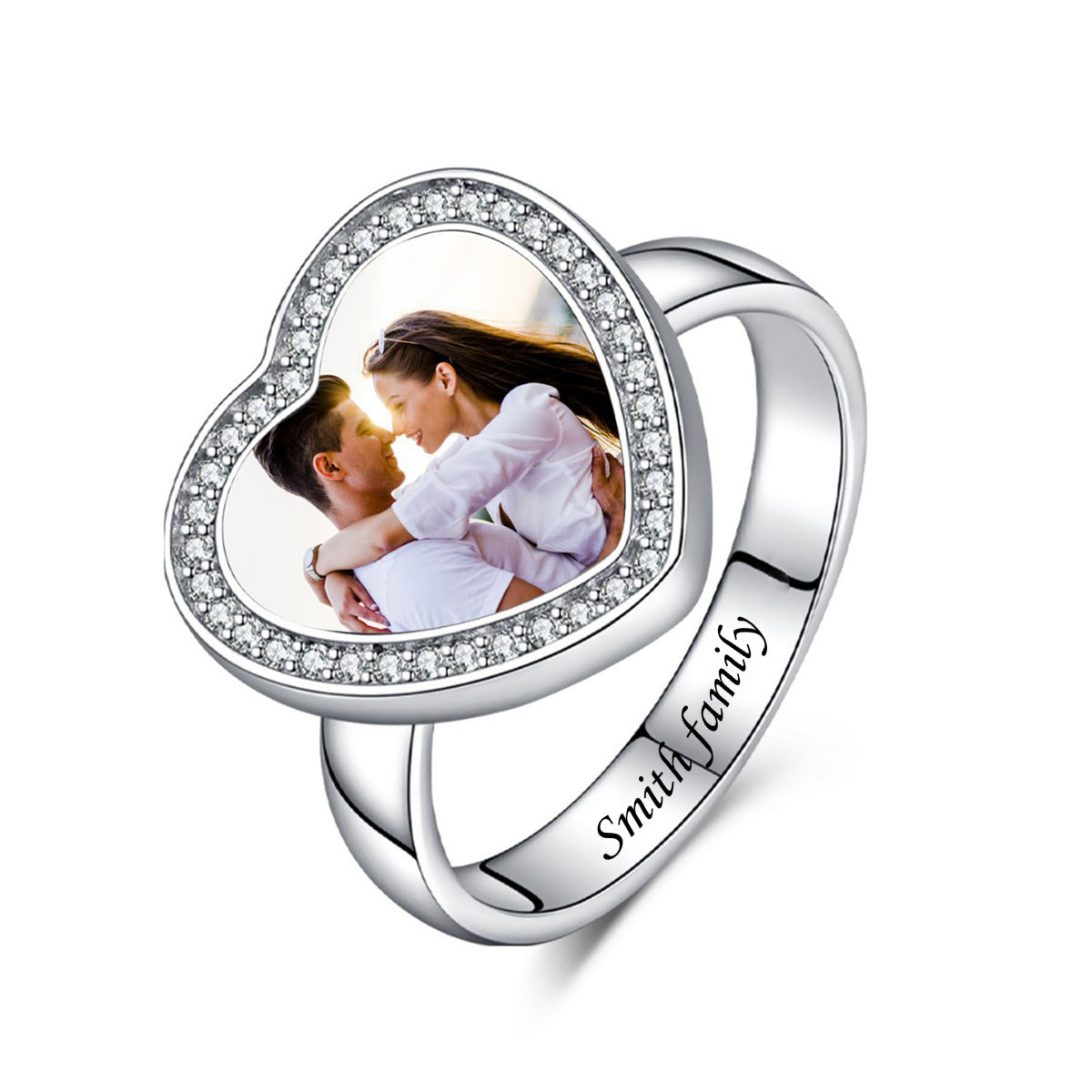 Heart Shaped Custom Photo Engraved Text Personalized Ring, Gift For Family