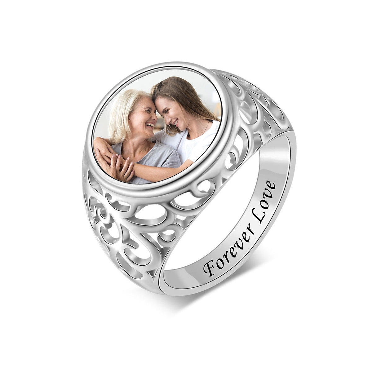 Round Shaped Custom Photo Engraved Text Personalized Ring, Gift For Family