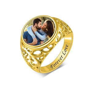 Round Shaped Custom Photo Engraved Text Personalized Ring, Gift For Family