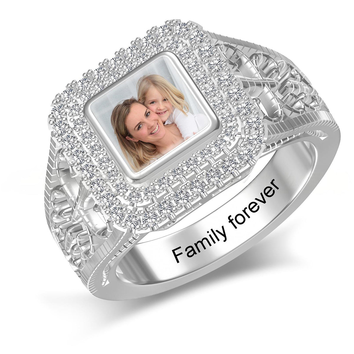 Custom Square Shaped Photo Engraved Name Luxury Personalized Ring, Gift For Family