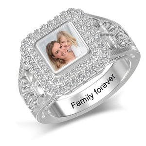 Custom Square Shaped Photo Engraved Name Luxury Personalized Ring, Gift For Family