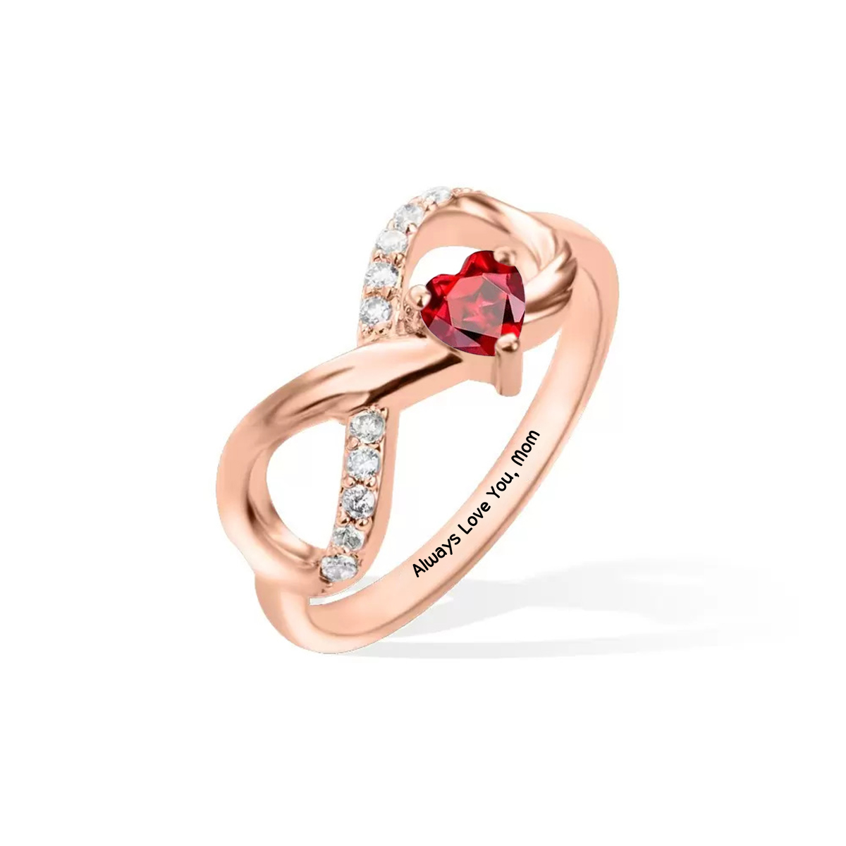 Personalized Angel Wing Infinity Ring with Heart Birthstone and Engraved Text Birthday Anniversary Gift for Her