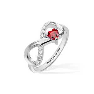 Personalized Angel Wing Infinity Ring with Heart Birthstone and Engraved Text Birthday Anniversary Gift for Her