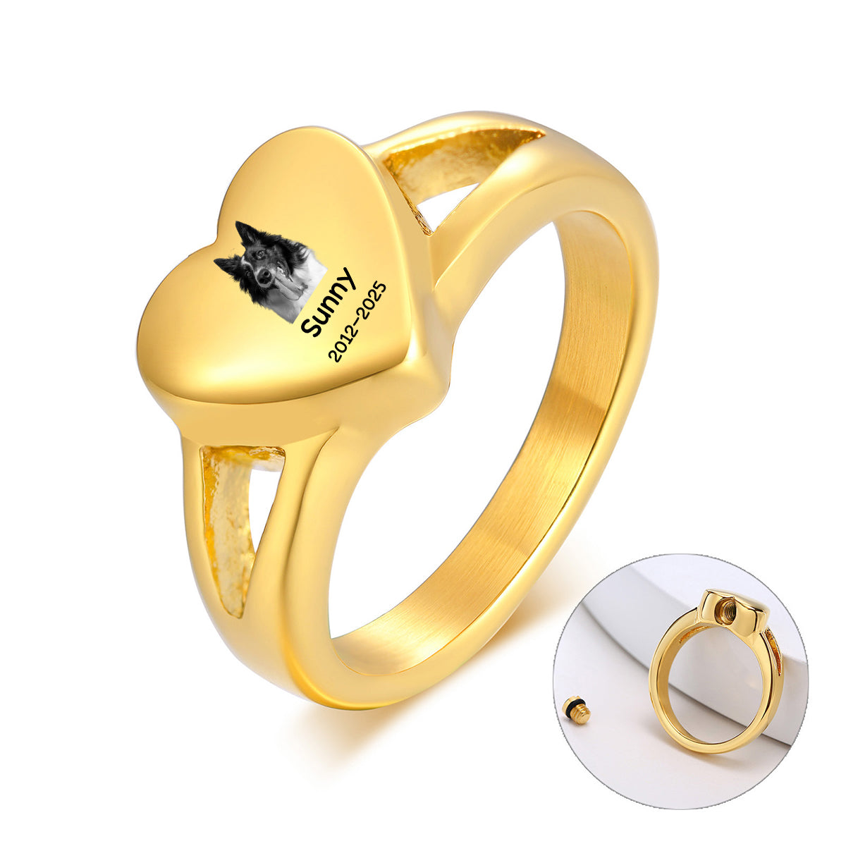 Personalized Memorial Photo Heart-Shaped Keepsake Ring – Custom Engraved Urn Jewelry for Ashes