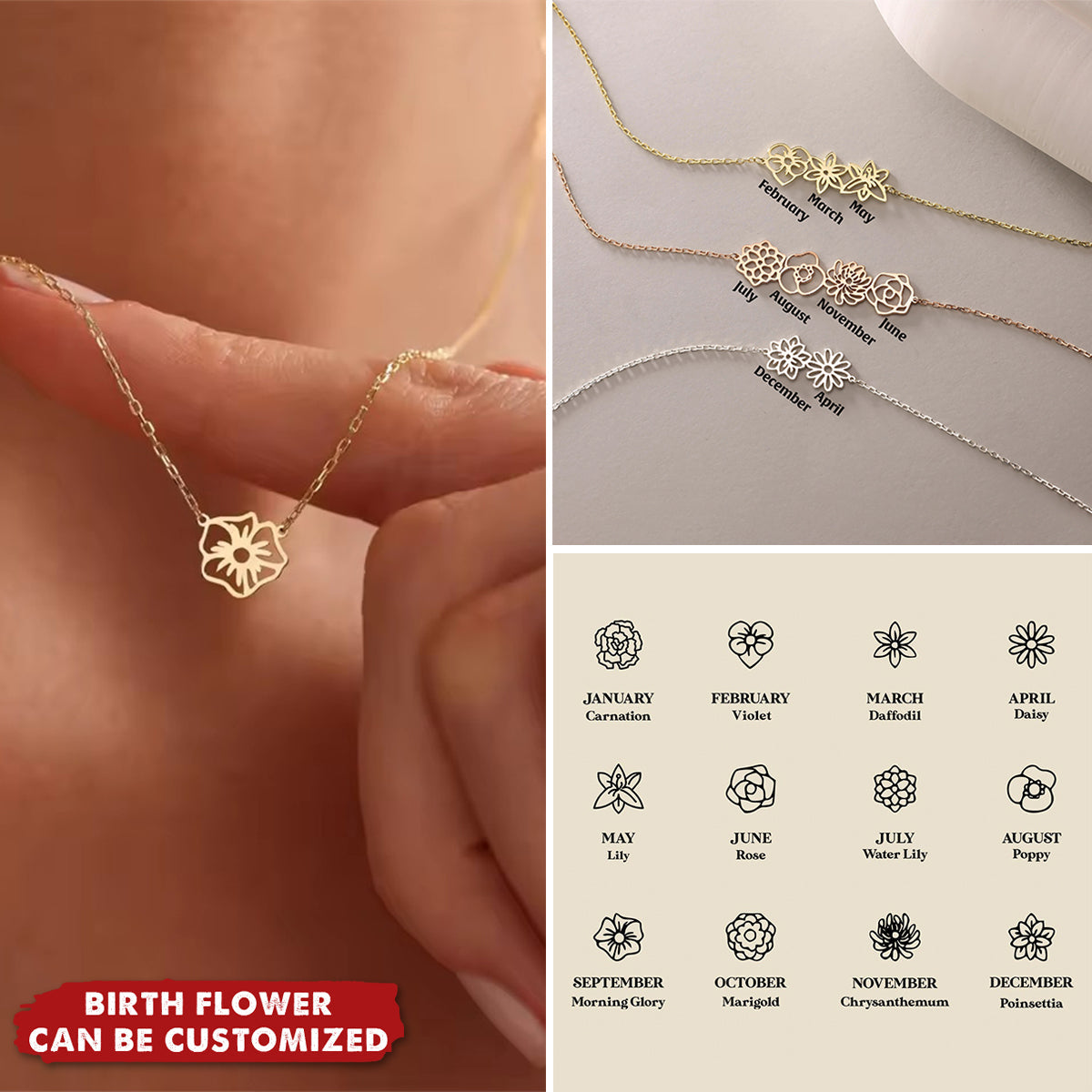 Trendy Dainty Birth Flower Personalized Family Necklace For Mom, Jewelry Gifts