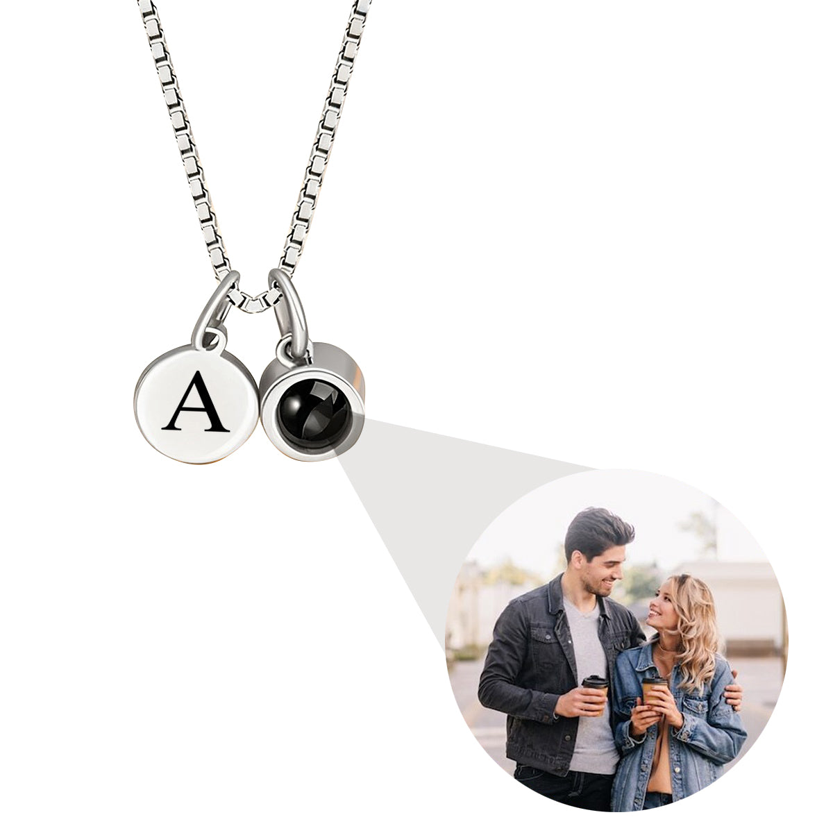 Personalized Engraved Initial Disc Photo Projection Necklace - Birthday Anniversary Gift for Women