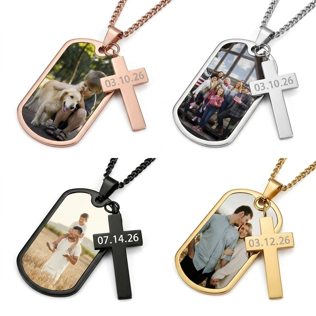 Personalized Photo Cross Engraved Dog Tag Necklace - Father's Day Anniversary Birthday Gift for Men