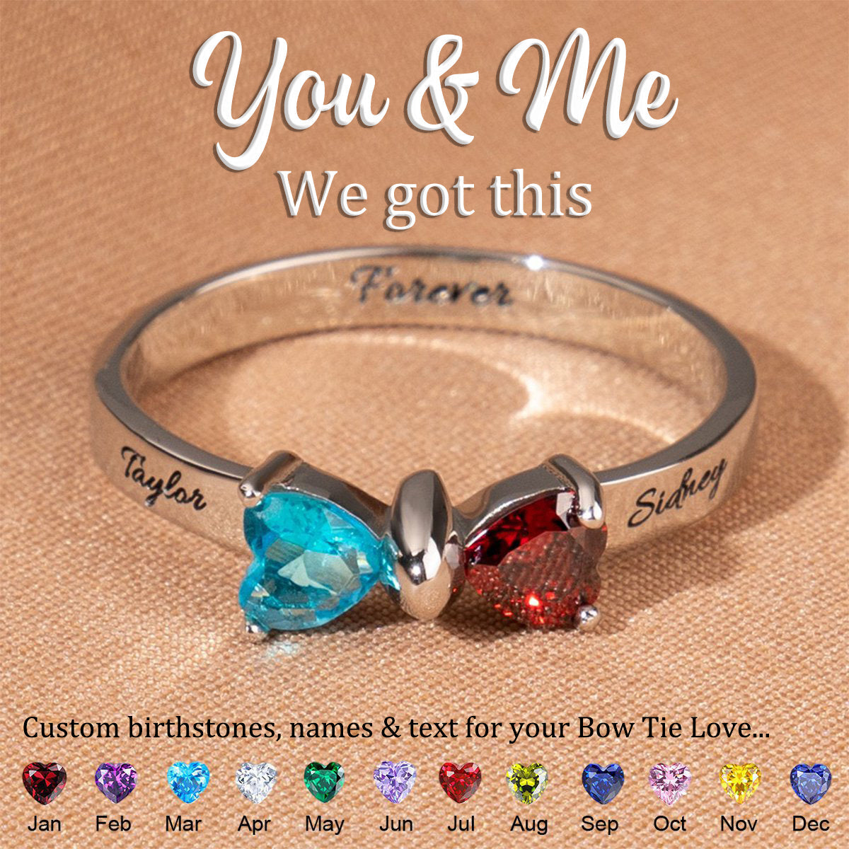 Adorable Bow Custom Heart Birthstone Personalized Ring, Gift For Couple