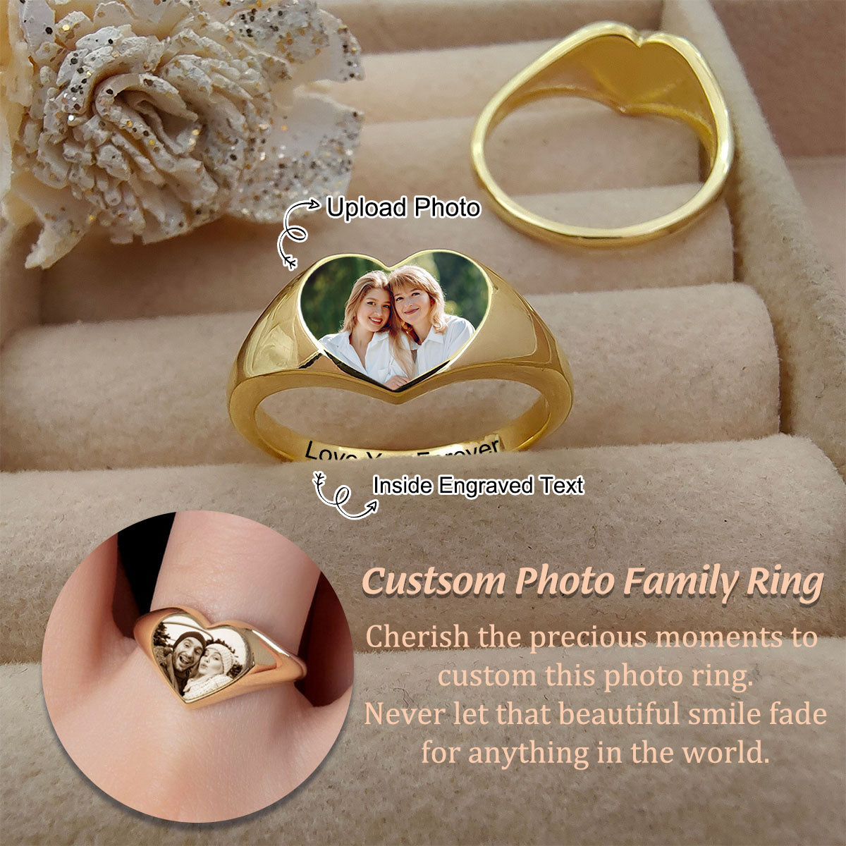Custom Heart Shaped Photo Engraved Text Personalized Ring, Gift For Couple, Mom/Grandma