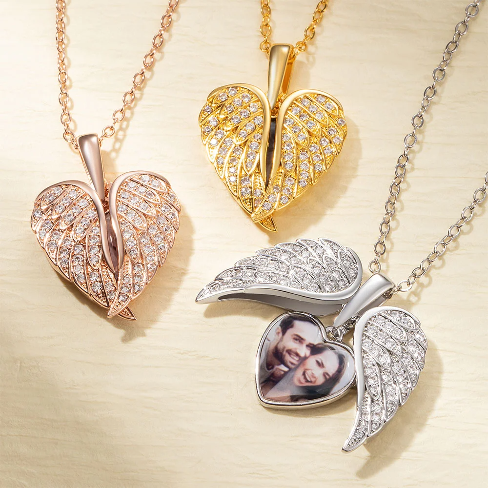 Personalized Cubic Zircon Heart Shape Angel Wing Photo Locket Necklace Anniversary Birthday Gift for Women